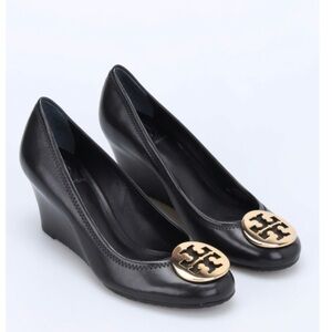 Tory Burch Black and Gold Wedge Shoes size 8